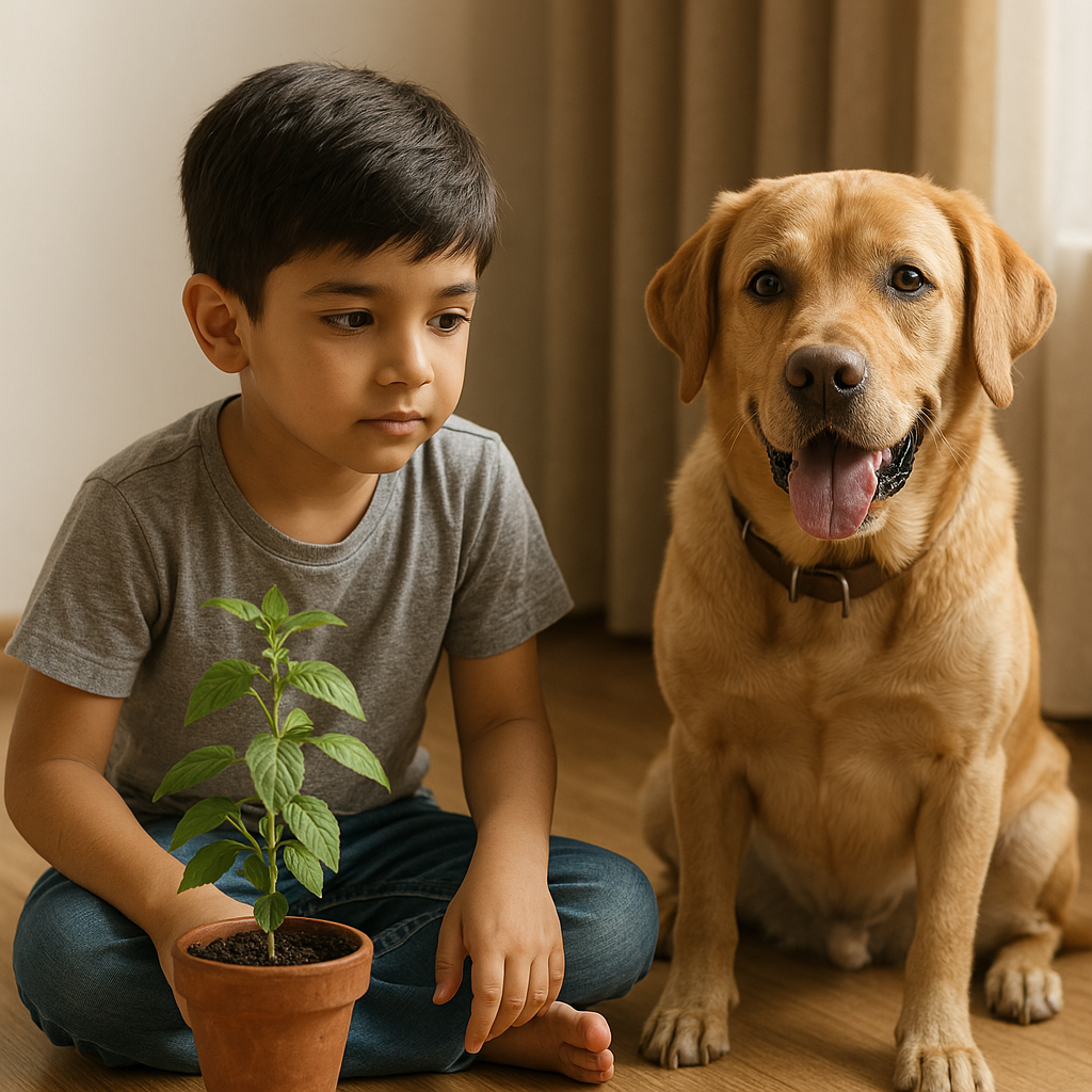 A young boy observes a plant and pet dog, symbolizing living organisms involved in life processes for CBSE Class 10 Science Chapter 6