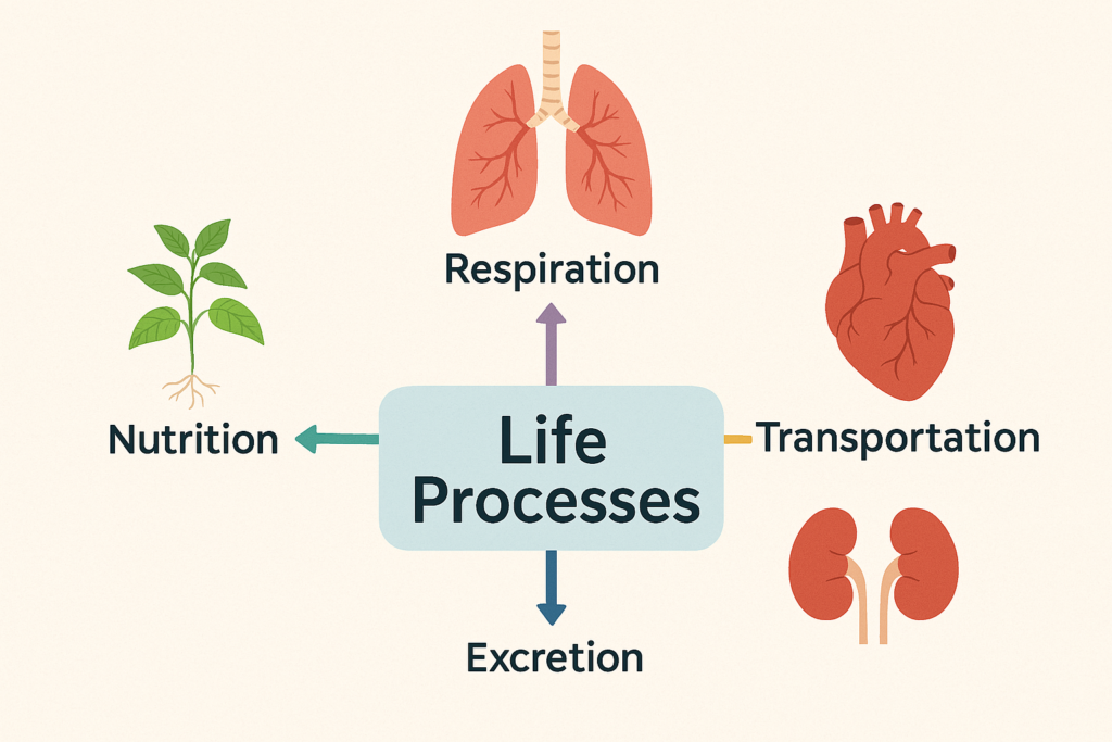 Diagram showing four key life processes – Nutrition, Respiration, Transportation, and Excretion – for Class 10 Science Chapter 6 case study explanation